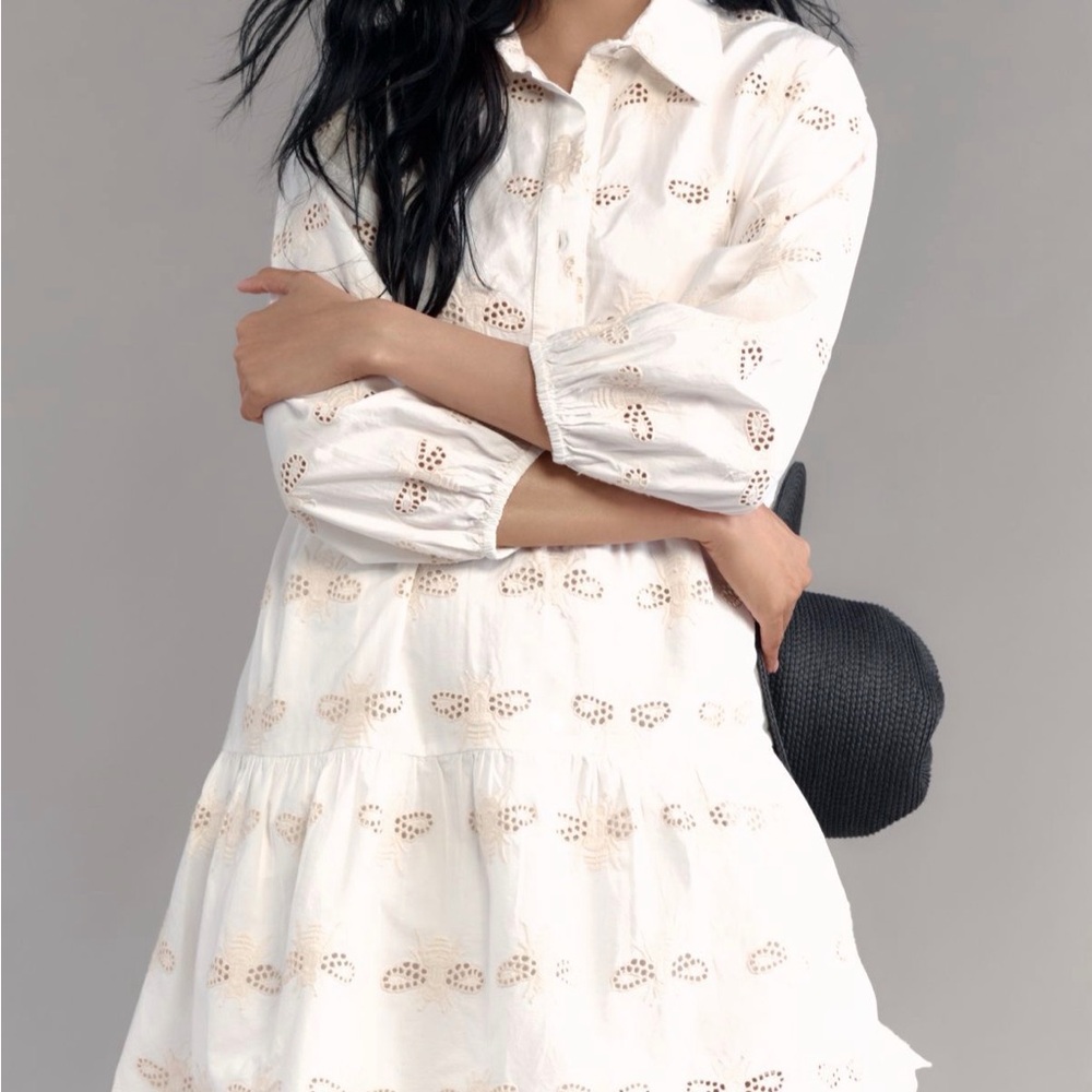 Bettina Eyelet tiered mini shirt dress by Maeve. Bee design
